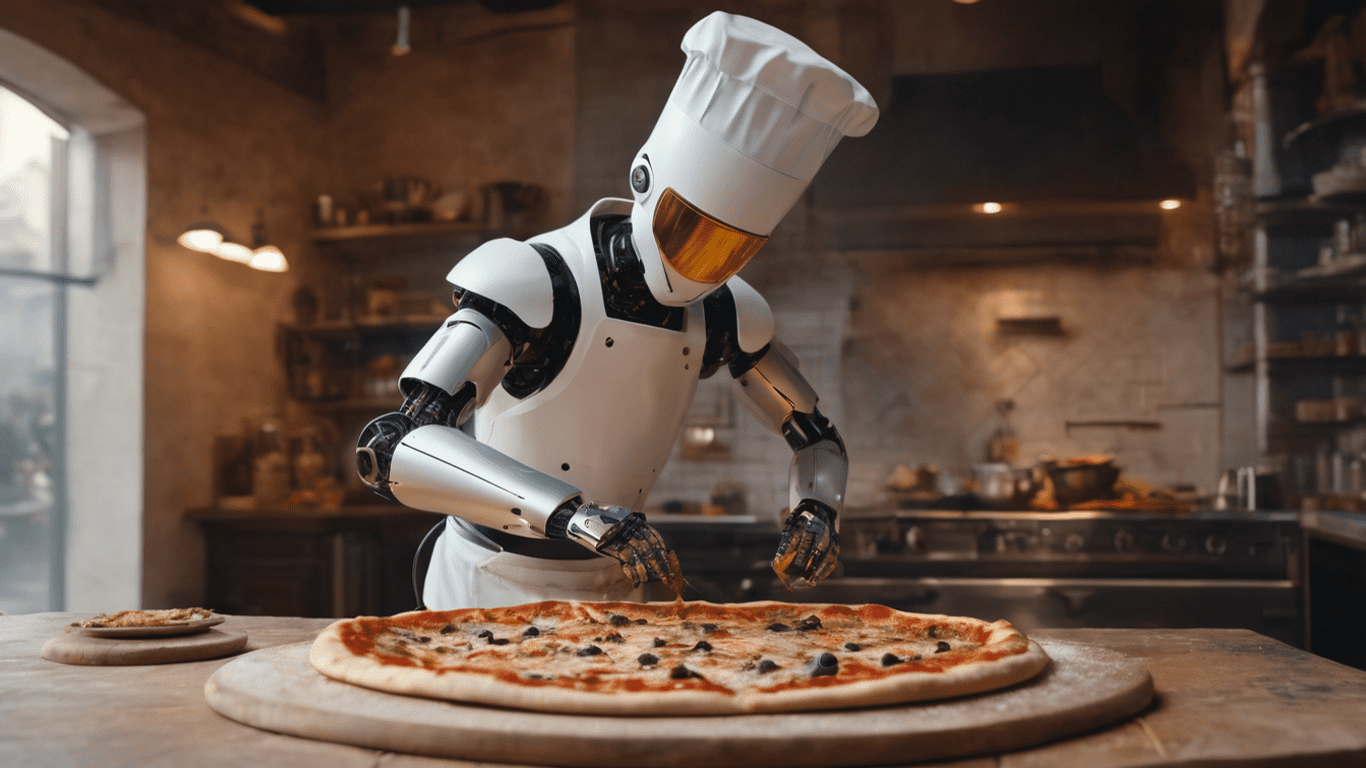 Artificial intelligence robot making pizza