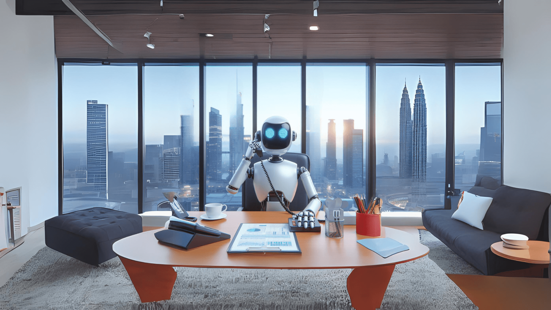 A customer service robot chatbot answering phone call in a office in malaysia with KLCC view.
