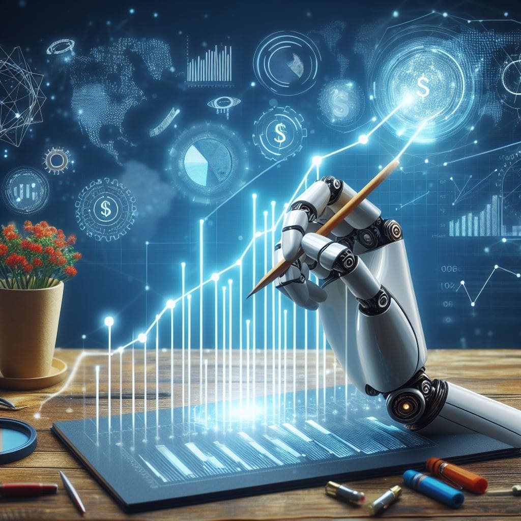 A chatbot robot hand drawing a business growth chart.